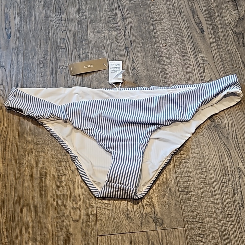 J. Crew Hipster Bikini Bottom In Seer Sucker Blue and White Size 2x BNWT
